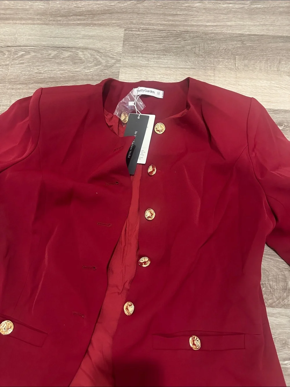 Elegant Collarless Red Blazer with Gold Buttons